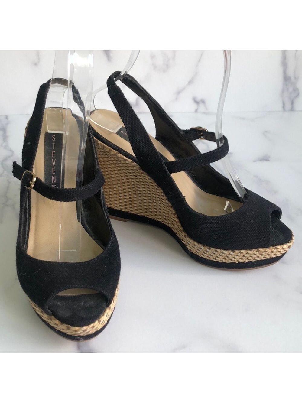 Steven by Steve Madden Black Canvas Mary Jane Style Wedges Size 6M